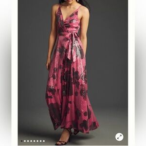 Anthropologie Hutch Glow All Sequin Pink Black Floral Sleeveless Wrap Gown NWT M